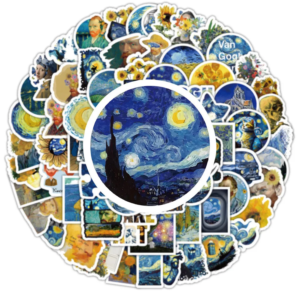 100개 반 고흐 해바라기 유화 방수 스티커, 핸드 어카운트 필통 데칼, 골든 메모리 스티커 스토어