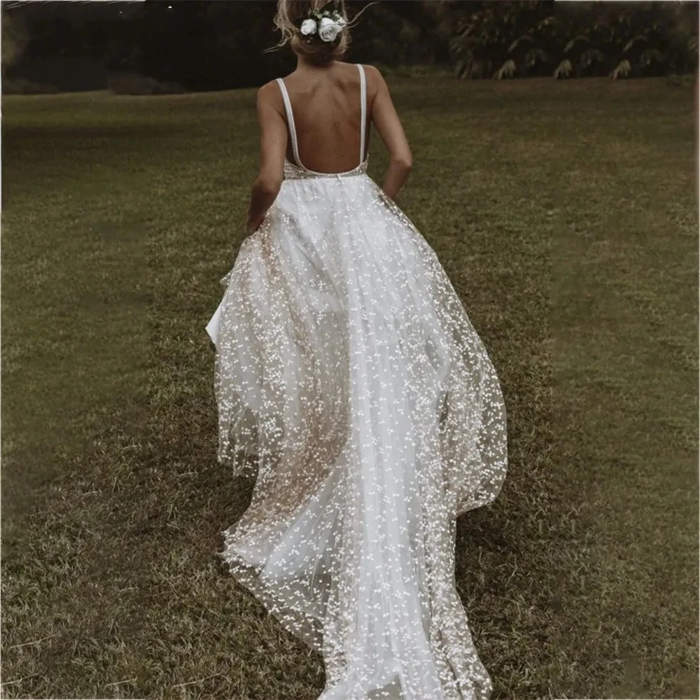 

Sexy A Line Wedding Dress 2023 V Neck Spaghetti Straps Bride Lace Bridal Party Gown Backless Boho Robe Mariee Vestidos De Novia