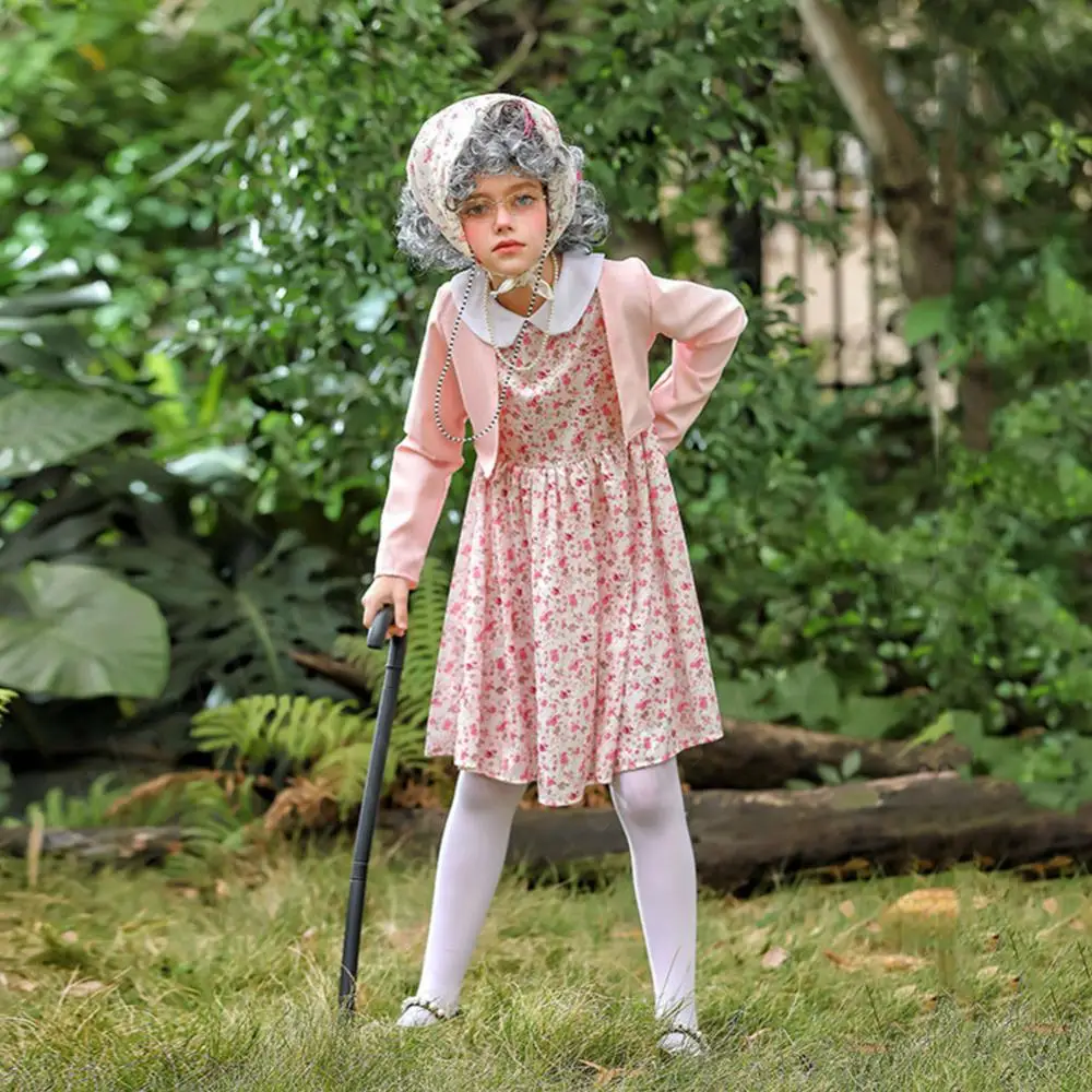 100 Days Old Lady Costume Cosplay Set 100 Days of School Costume Wig Accessories Grandma Outfit Old Lady Dress Up for Girls