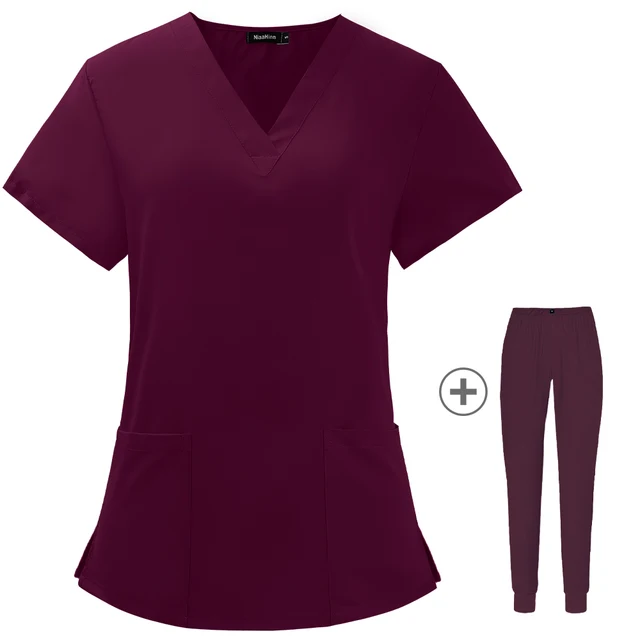 Operating Room Medical Uniforms Women Scrubs Clothes Sleeve V-Neck Workers T-Shirt Tops Summer Uniformes  Medical Accessories Wine Red