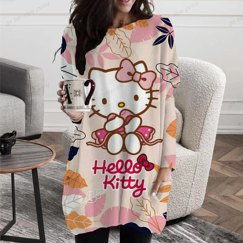 

Женский свободный пуловер с принтом Hello Kitty, Повседневная футболка с длинным рукавом и круглым вырезом, с карманами, осень 2024