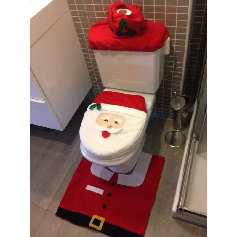 3Pcs Santa Claus Toilet Cover With Foot Pad Water Tank Cover+Tissue Cover Toilet Decoration Set Bathroom Decoration Wholesale