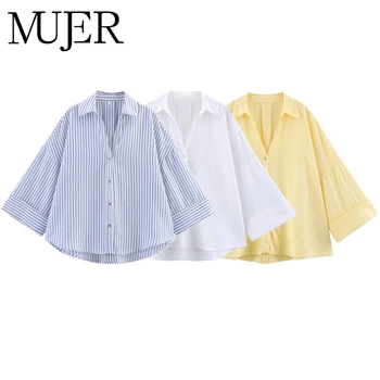 MUJER Striped Women's Shirt White Loose Casual Shirts for Women Summer Button up Shirts and Blouses Woman Wide Sleeve Ladies Top 1