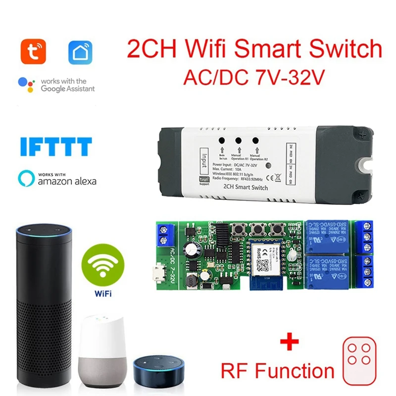 

1 PCS Tuya Smart Wifi Switch Relay Module 2 CH AC/DC 7-32V RF/APP Wireless Remote Control For Alexa Google Home