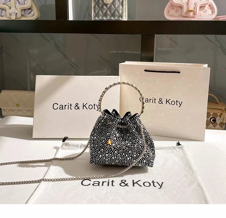 Bling Shiny Rhinestone Diamond Bucket Bag Women's Metal Ring Handle Handbag Evening Bag Party Clutch Purse Shoulder Chain Bag