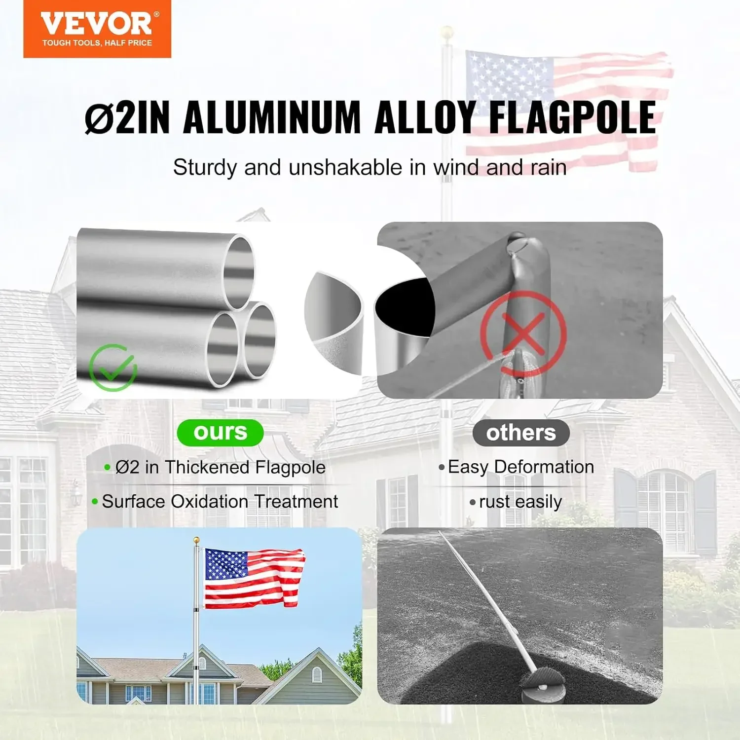 20FT Telescoping Flag Pole Kit, Heavy Duty Aluminum Alloy in Ground Flag Polesn 3 Display Modes Flagpole with 3x5 American