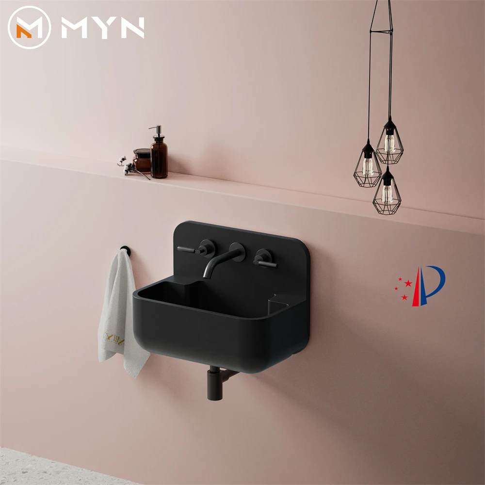 

European Style Modern Design Black Color Wall Hung Artificial Stone Solid Surface Resin Bathroom Sinks