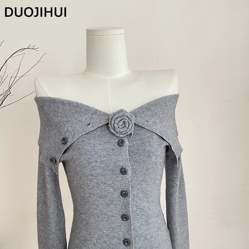 DUOJIHUI 그레이 시클리 슬래시 넥 슬림 여성 가디건, 긴 소매 싱글 브레스티드, 단색, 스위트 여성 가디건, 가을 패션