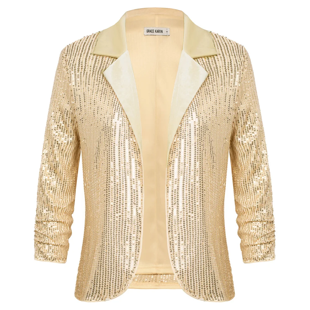 GK Women Sequined Party Blazer Coat 3/4 Sleeve Lapel Collar Open Front Coat Business Casual Blazer Jacket A30