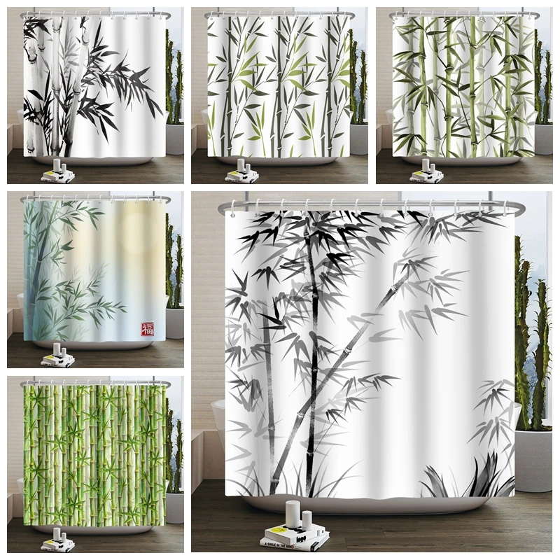 Silhouette of Bamboo Tree Leaves Japanese Shower Curtain Feng Shui Boho Chinese Style Waterproof Fabric Bathroom Curtain 180x200