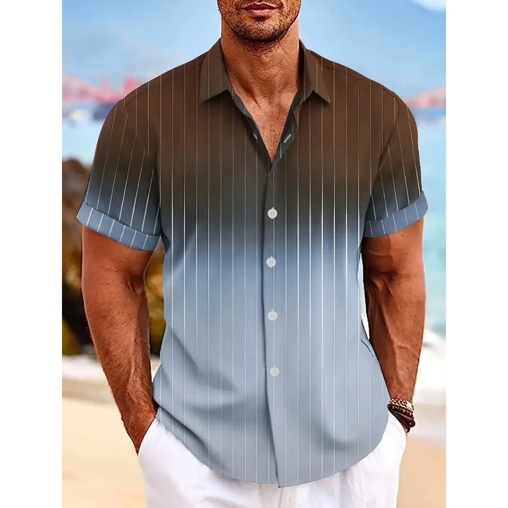 Fashion Trend Gradient Harajuku Men's Shirt Summer Casual Lapel Short Sleeve Blouse Street Hip Hop Clothing Loose Cardigan Tops