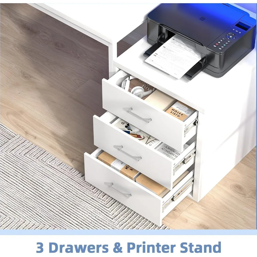 67 Inch Computer Desk with Drawer & LED Lights, Home Office Desk with Storage Shelves, Reversible Workstation for Bedroom, Moder 5