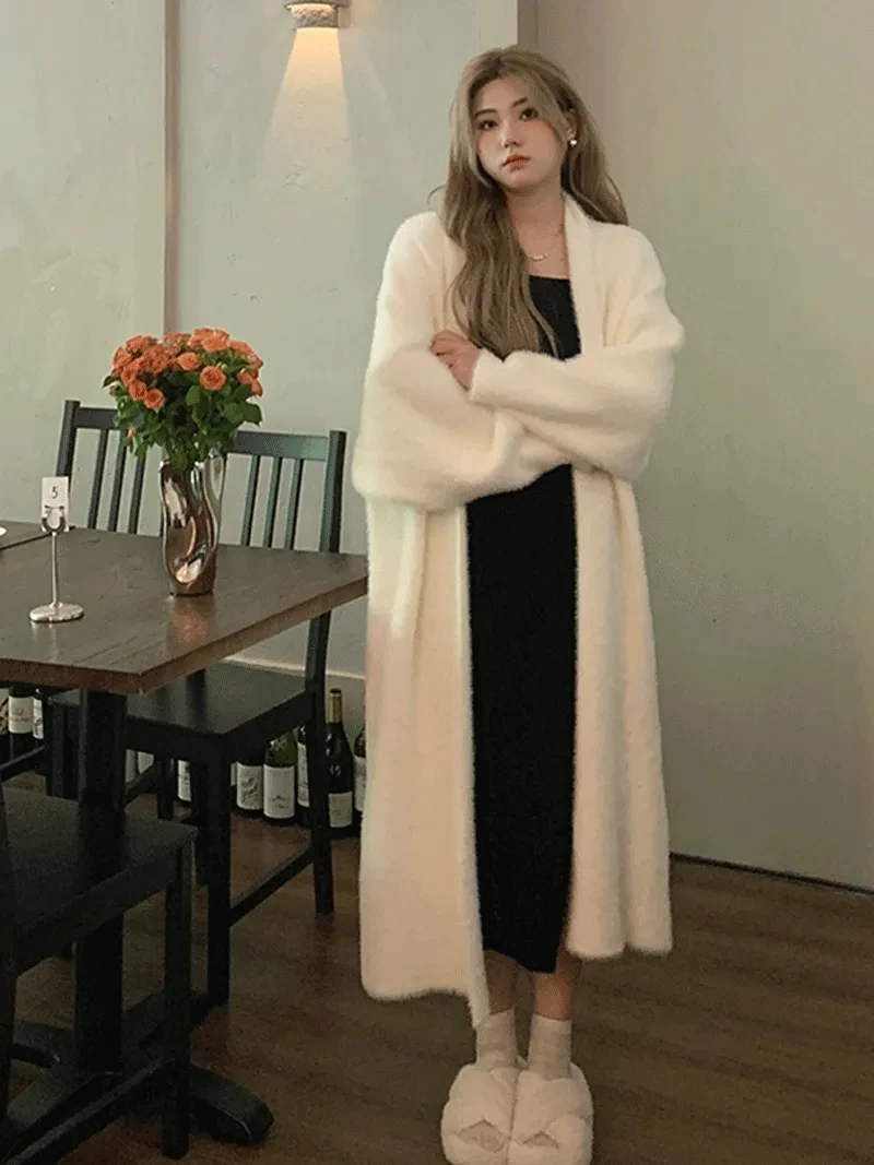 여성용 부드러운 끈끈한 니트 가디건, 긴 모조 밍크 벨벳 스웨터 코트, 라지 사이즈 루즈 플러시 재킷, 우아한 가디건