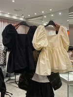 plus Size Women's Sweet Doll irt Bubble Sve Square Collar Waist Cinched Summer Blouse Faionable plus Size Inner Wear