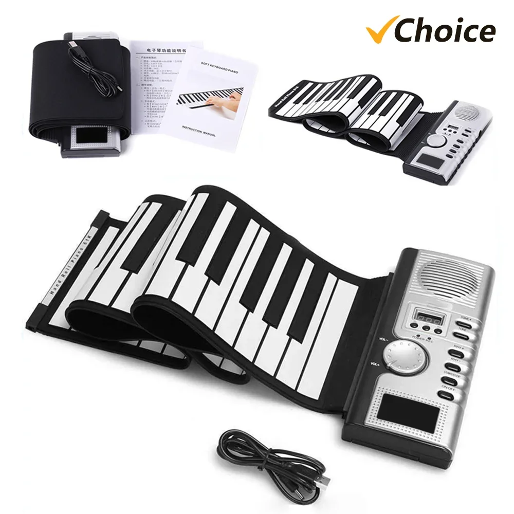 Customizable 61 Keys Roll Up Piano Keyboard Portable Soft Silicone Electronic Piano with Built-in Speaker LCD Display Recording