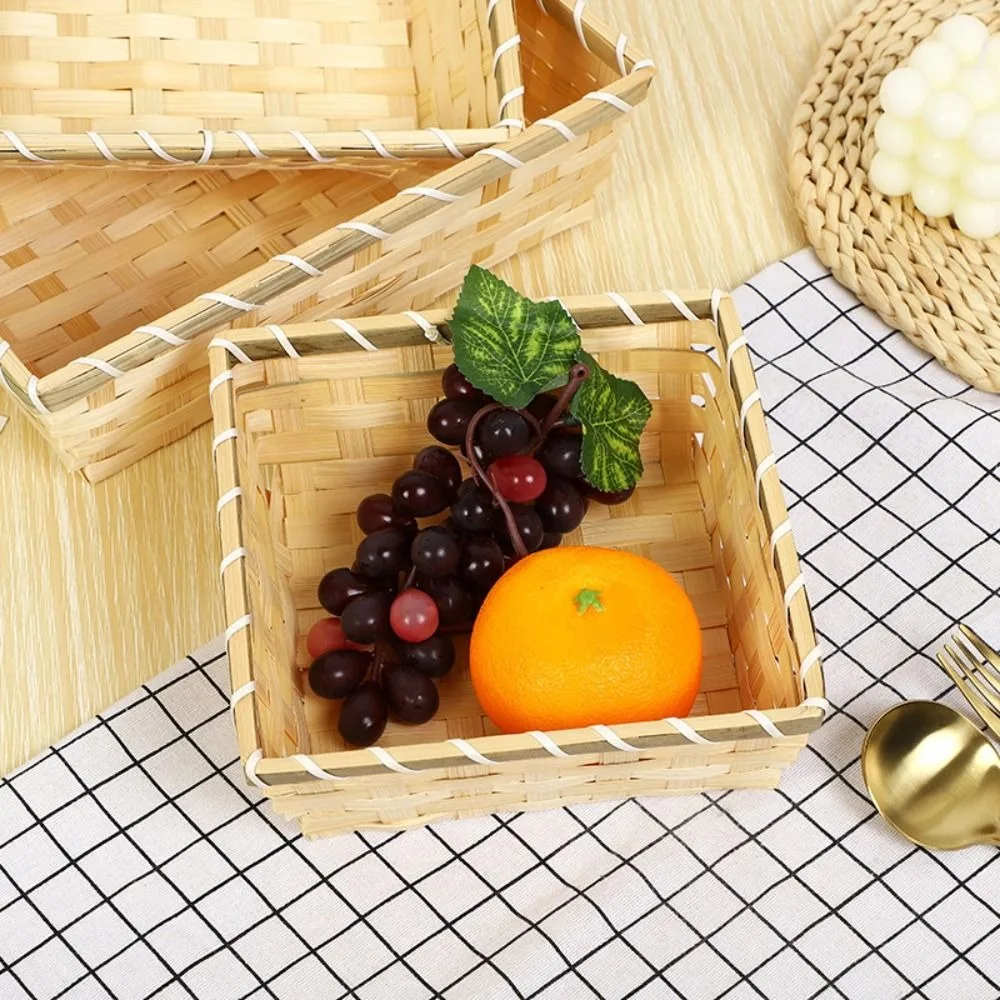 Simple Natural Color Bamboo Basket Rectangle Handmade Christmas Hamper Woven Wicker Bread Basket Home Shop Display 5