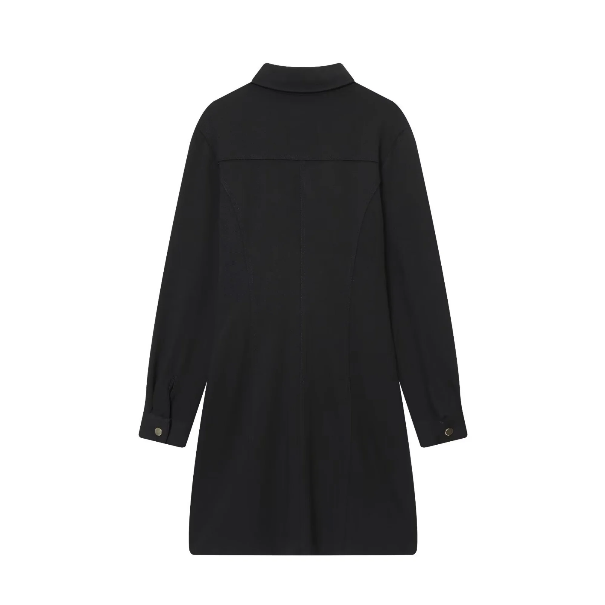 Women Fashion Black Shirt Dress Spring Autumn Female Lapel Slim Fit Single Breasted Pleated Design Long Sleeves A-Line Dresse