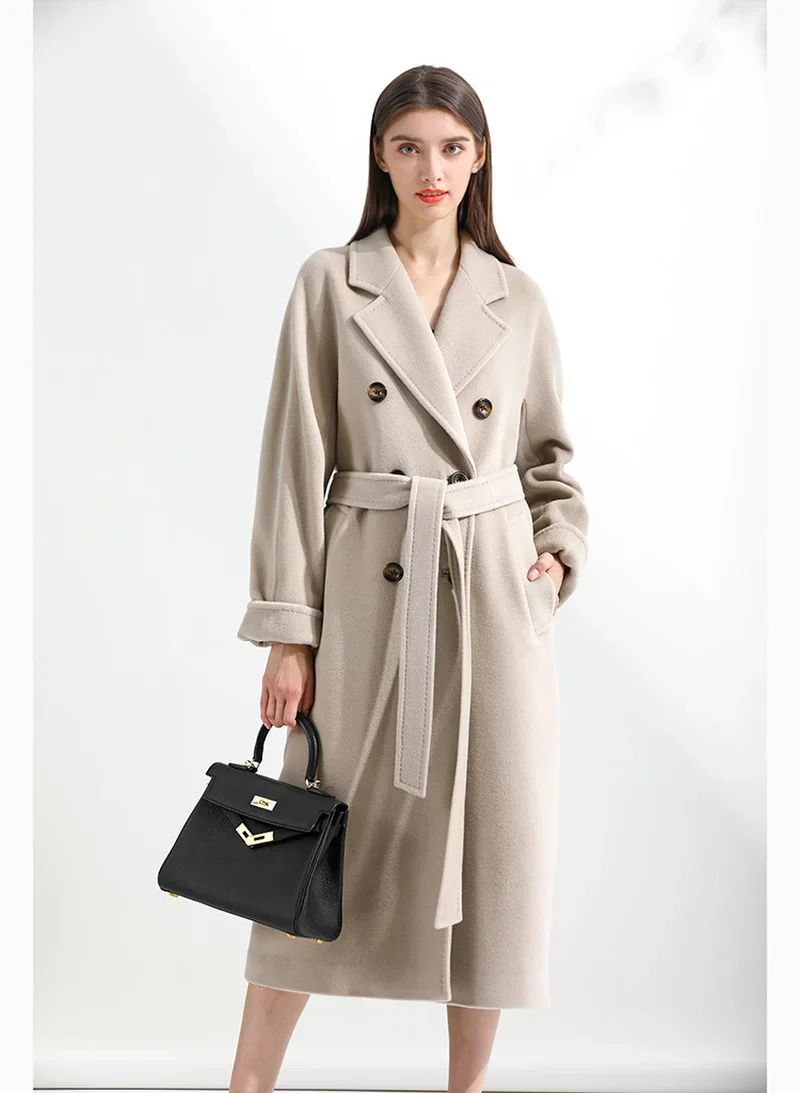 Classic Cashmere Coat Women Solid Color Lapel Double Breasted Wool Coats Autumn Winter Warm Long Outwears Casual Commute Outcoat