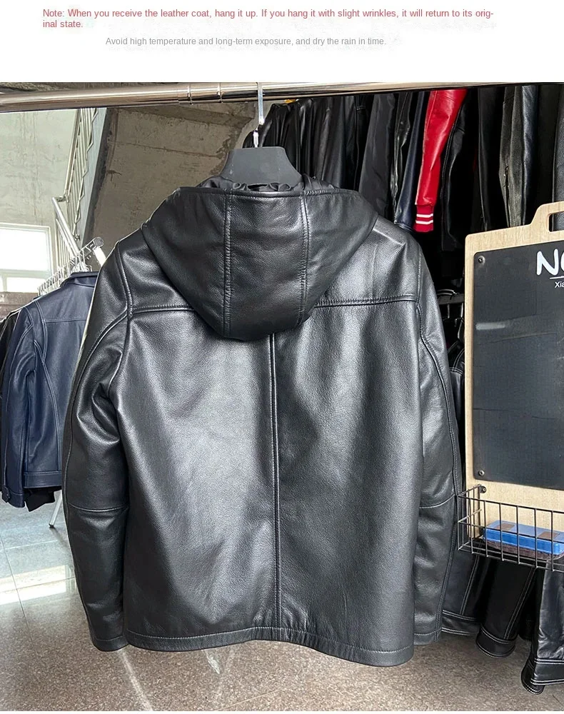 Description Picture 5 of itemGenuine Leather Jackets for Men Pure Cowhide Hooded Coat Male Motorcycle Jacket Casual Single Clothing Man Spring Autumn