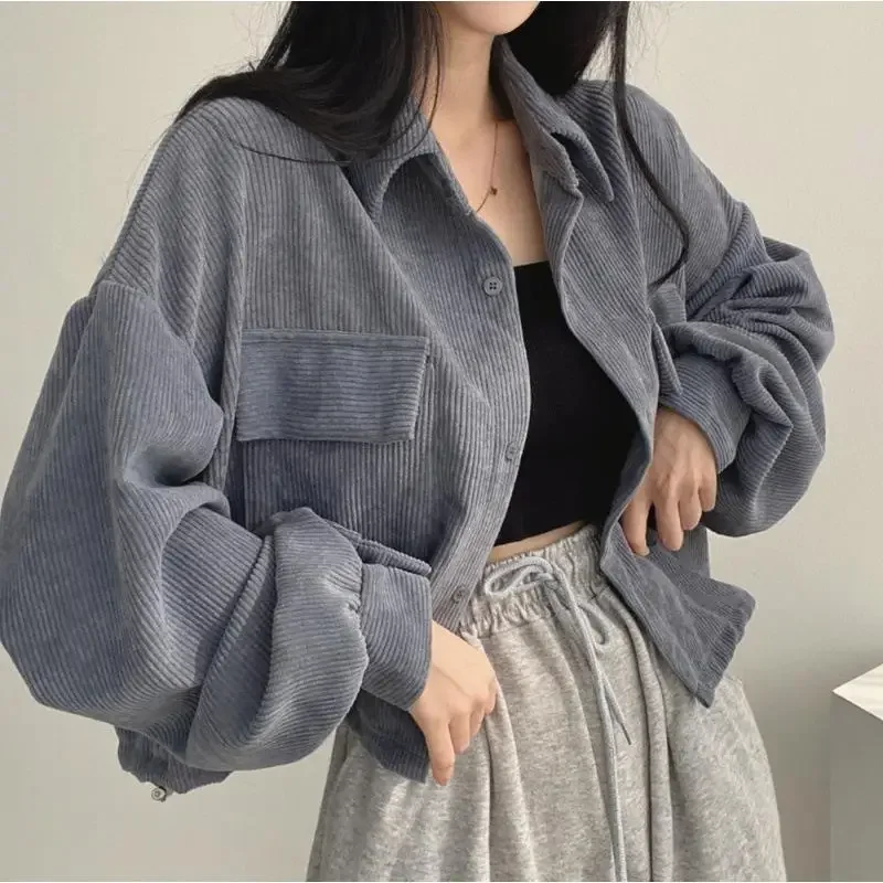 

Autumn Women Vintage Corduroy Cropped Jacket Fashion Long Sleeve Drawstring Blouses Female Loose Single Breasted Coats Cardigan