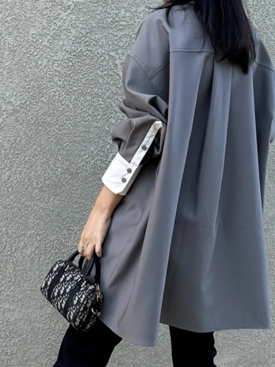 Chic Spring Casual Loose Long Sve Collared irt Women's Mid-Length Patchwork Faionable Color Blo Versatile Ladies Top