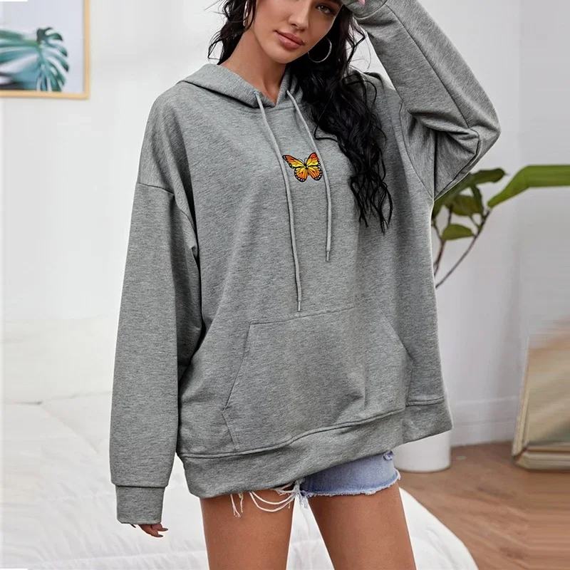 Butterfly Printed Casual Sweatshirts Women Loose Big Pocket Drawstring Hooded Pullovers Sport Leisure Warm Spring Autumn Hoodies