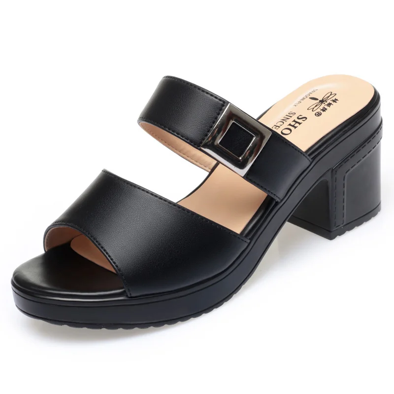 Comfort Anti-slip Soft Leather Sandals Women Summer Thick Soles High Heel Wearing Straight Line Fish Mouth Outdoor Sandals