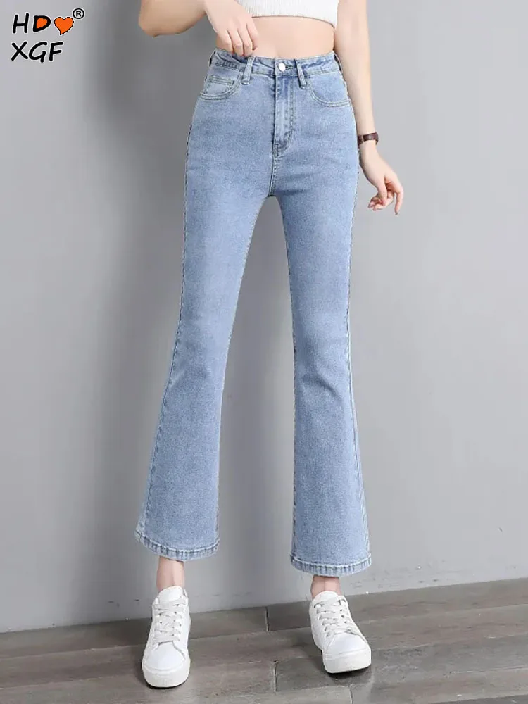 

Fashion High Waist Flare Jean For Women Spring Autumn Vintage Solid Color Stretch Nine Points Jean Korean Streetwear Denim Pants