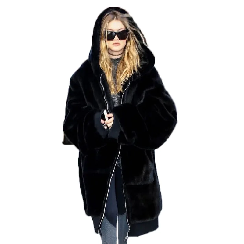 Faux Fur Coat for Women in Spring and Autumn Europe and America Loose Hooded Long Faux Rabbit Fur Coat