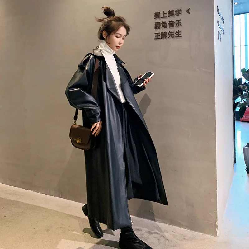 

Spring Black Oversized Long Waterproof Leather Trench Coat for Women 2022 Long Sleeve Loose Korean Fashion Clothing