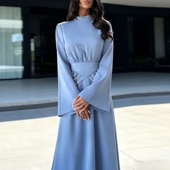 New Stand Collar Beading Chain Banquet Dress Women Fashion Hight Waist Solid Evening Dress Casual Long Sleeve Slim Party Dresses 1