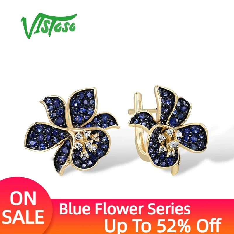 

VISTOSO Gold Earrings For Women 9K 375 Yellow Gold Sparkling Lab Created Sapphire White Topaz Blue Lily Flower Fine Jewelry