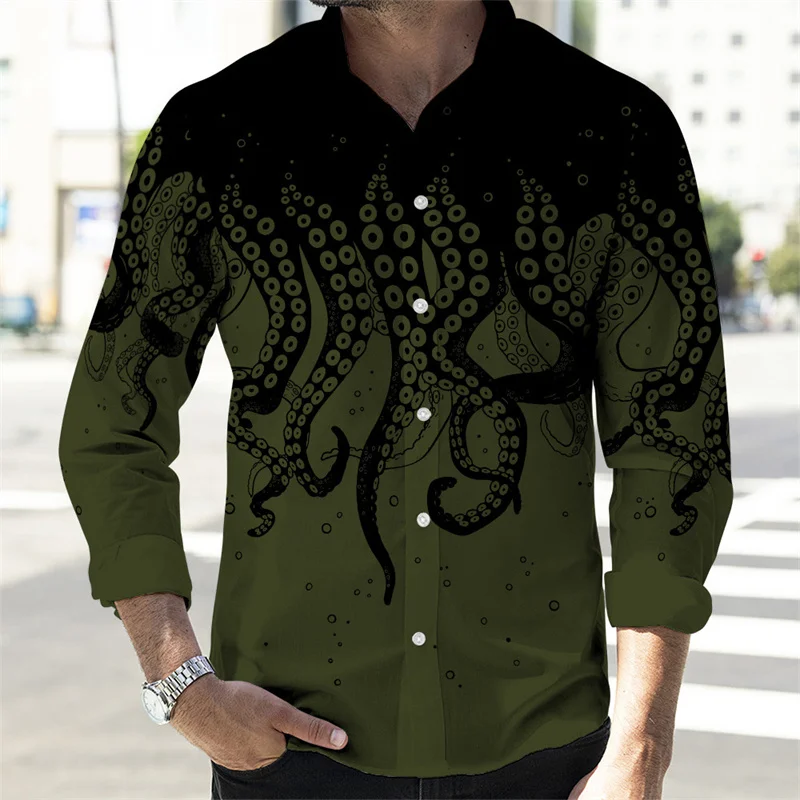 Camisa de hombre de 11 colores, otoño e invierno 2024, ropa de gran tamaño, camisa de manga larga con estampado 3D de pulpo, blusas casuales holgadas de moda