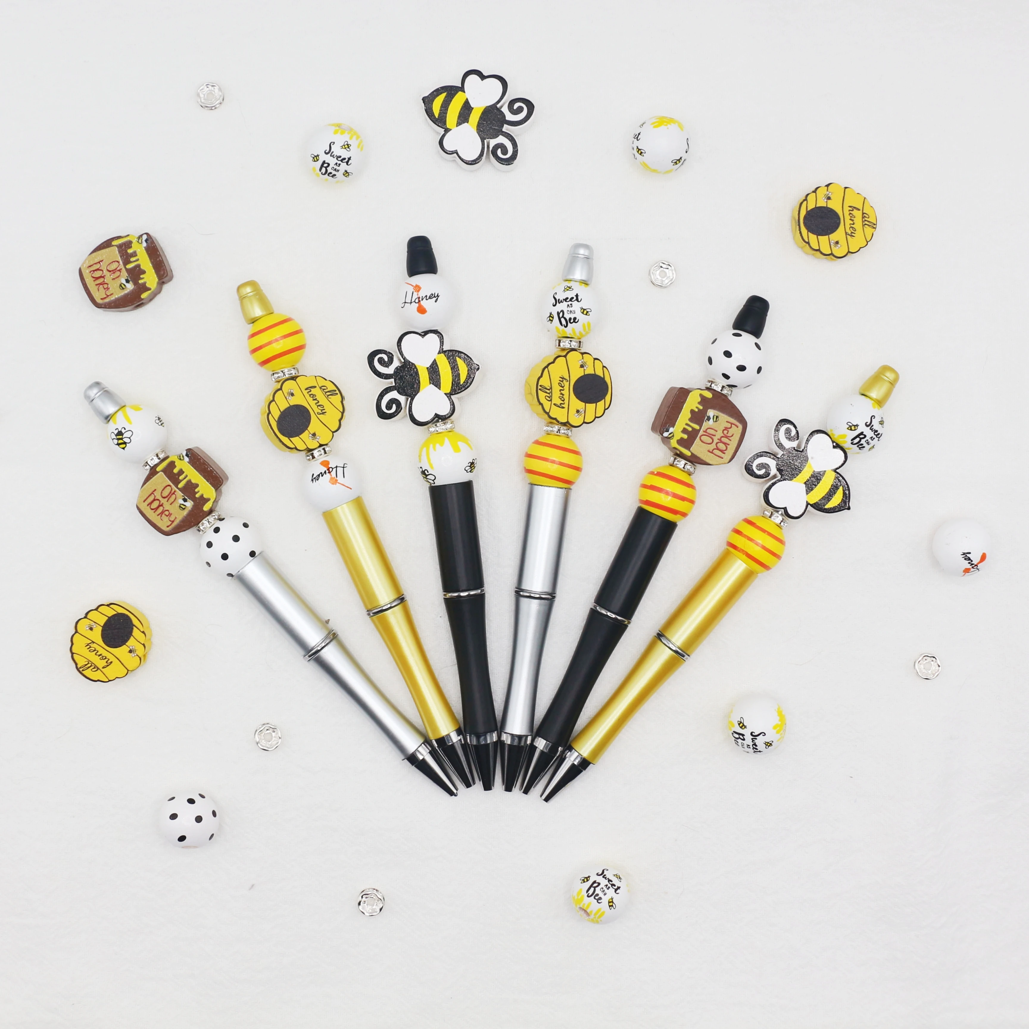 꿀벌 테마 블랙 잉크 DIY 구슬 볼펜 및 나무 구슬 세트, 사무실 및 학교 용품, 6 개, 9 개