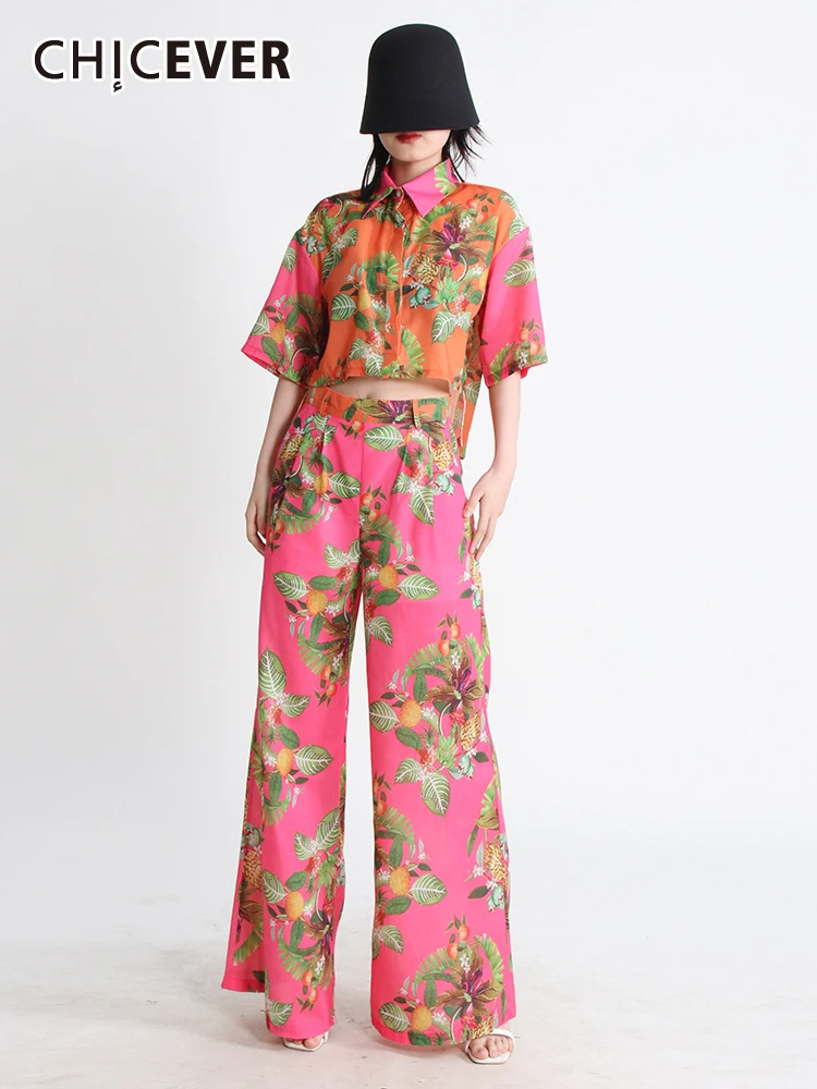 

CHICEVER Print Two Piece Sets For Women Lapel Short Sleeve Loose Tops High Waist Wide Leg Pants Hit Color Vintage Set Female New