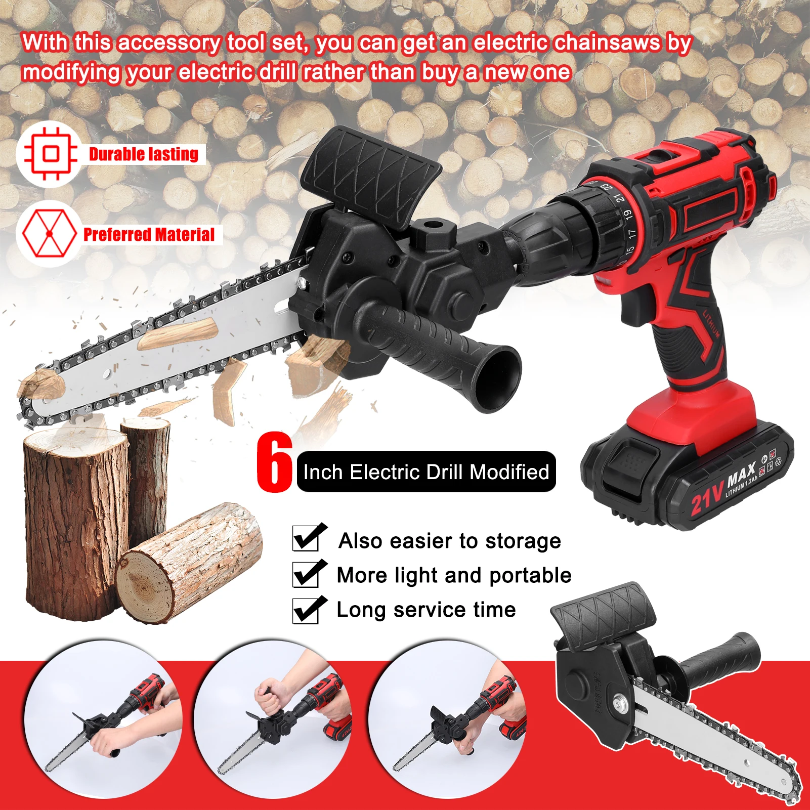 

6 Inch Electric Drill Modified To Electric Chainsaw Tool Attachment Electric Chainsaws Accessory Practical Modification Tool Set