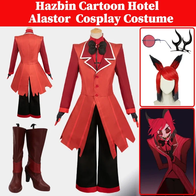 

Alastor Cosplay Costume Anime Hazzbin Cartoon Hotel Disguise Long Boots Shoes Wigs Clothes Set Men Halloween Party Fantasy Suit