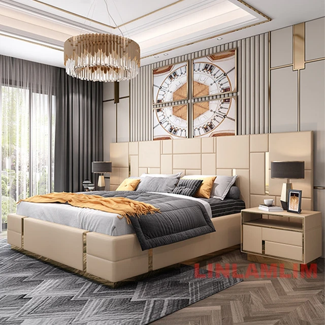 سرير MANBAS فاخر وحديث بحجم كينغ مع لوح رأسي منجد ناعم ومنضدة تخزين - أثاث غرفة نوم من الجلد الطبيعي 2