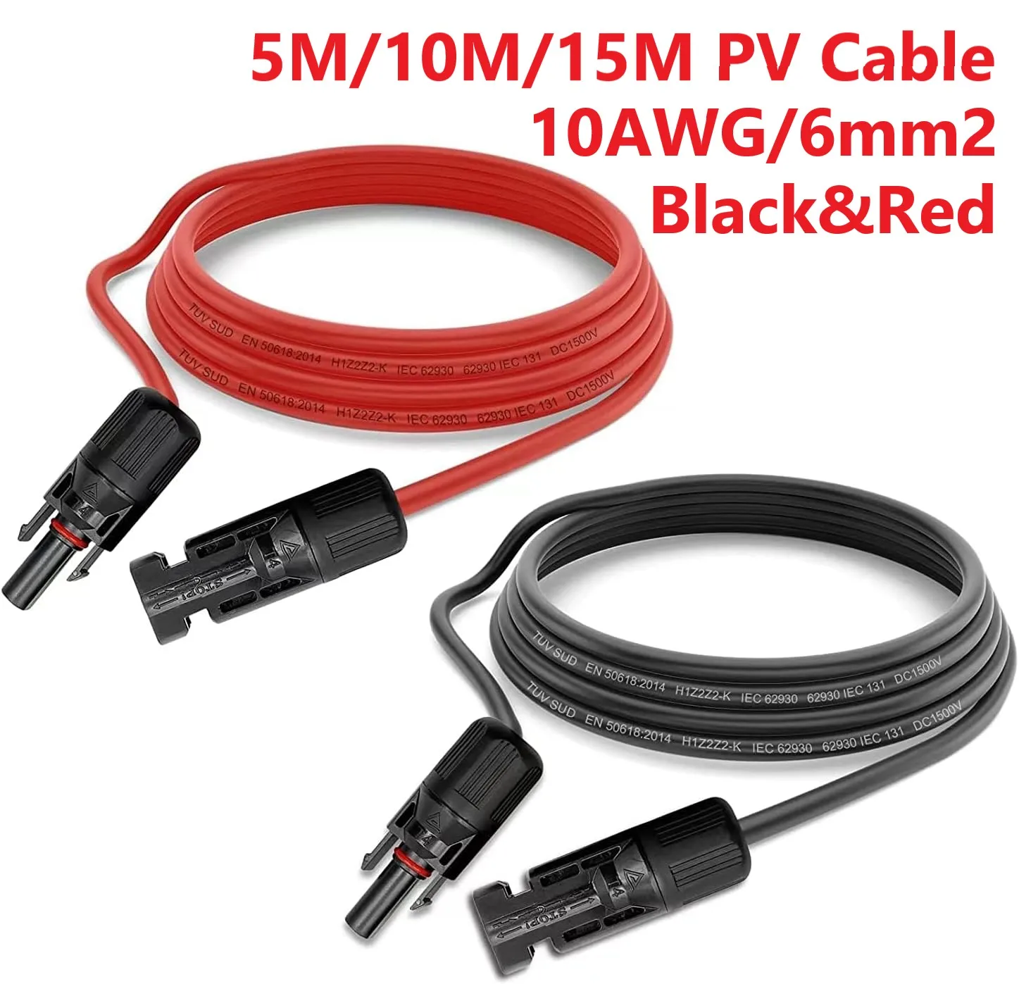 PowMr-Câble Photovoltaïque Étanche IP68 avec Connexion, Long Fil d'Extension Noir et Rouge, Système Solaire, 5m, 10m, 15m, 6 mm2, 10AWG