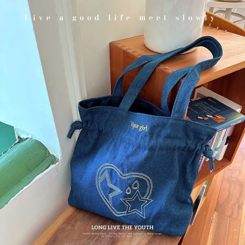 2023 New Shoulder Bags Large Capacity Blue Denim Drawstring Tote Bag Summer Fashion Trend All-match Student Leisure Storage Bag