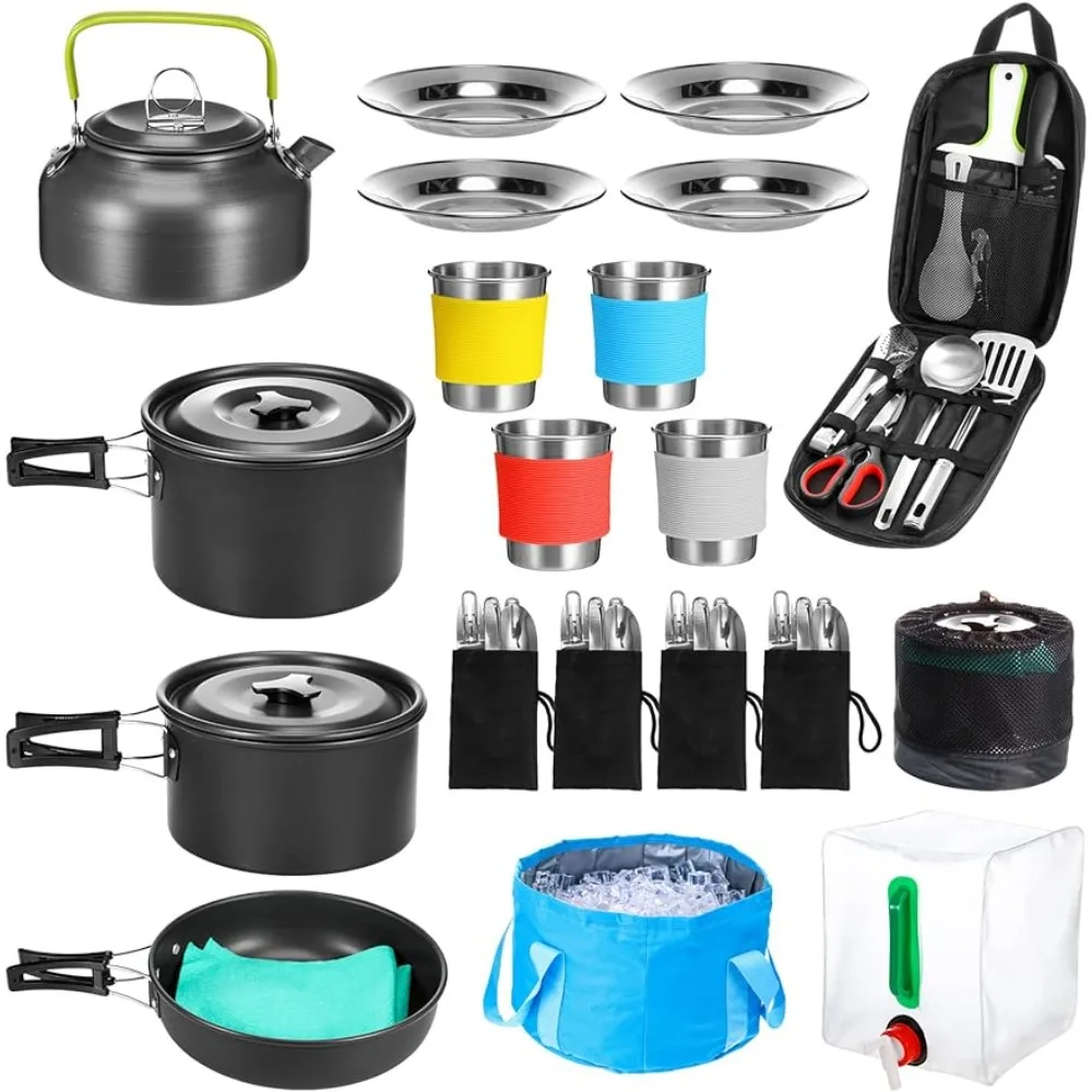 

42 Pcs Camping Cookware Mess Kit, Non Stick Lightweight Pots Pan Kettle, Collapsible Water Container and Bucket, Stainless Steel