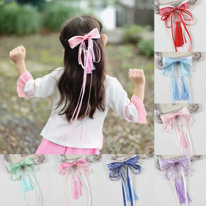 7Colors Long Bowknot Tassels Ribbon Duckbill Clip Hairpin Chinese Style Retro Women Cosplay Hanfu Parties Banquets Head Decor