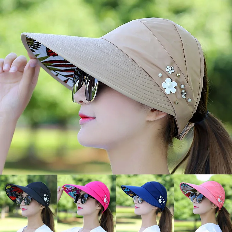 Summer Beach Hats for Women Foldable Sun Hat Pearl Flower Visor Suncreen Floppy Cap Female Outdoor Casual Baseball Cap Hat 1