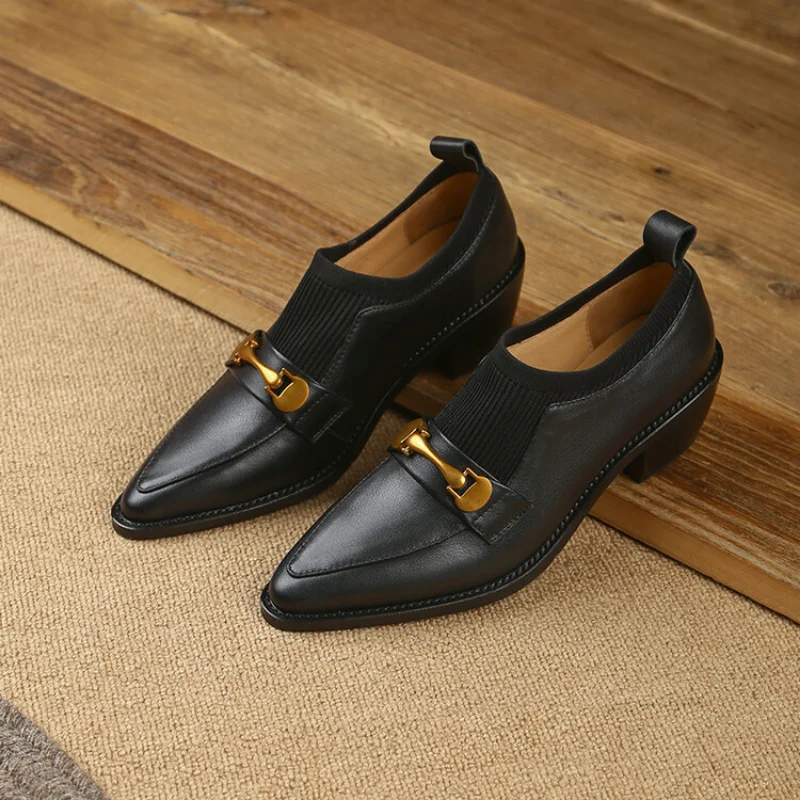 2024 Women Office Shoes Pointed Toe Retro Chunky Heels Pumps Metal Chain Soft Cow Leather Loafers Woman Dress Shoes Size 34-40