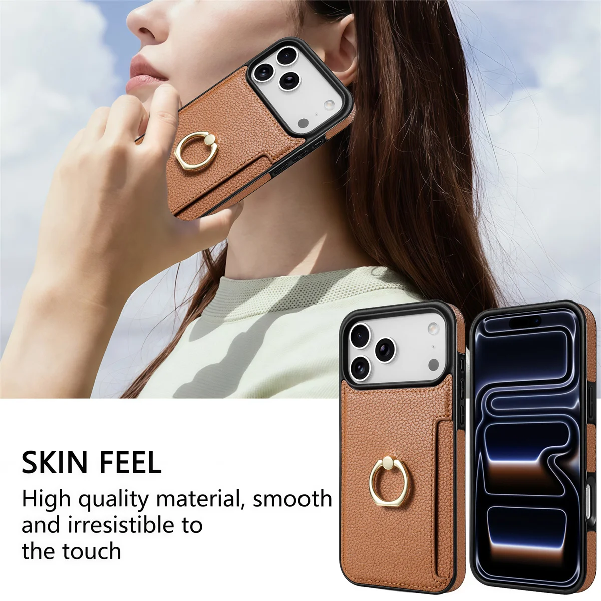 Leather Wallet Card Slot Phone Case with Ring Holder Protective Cover