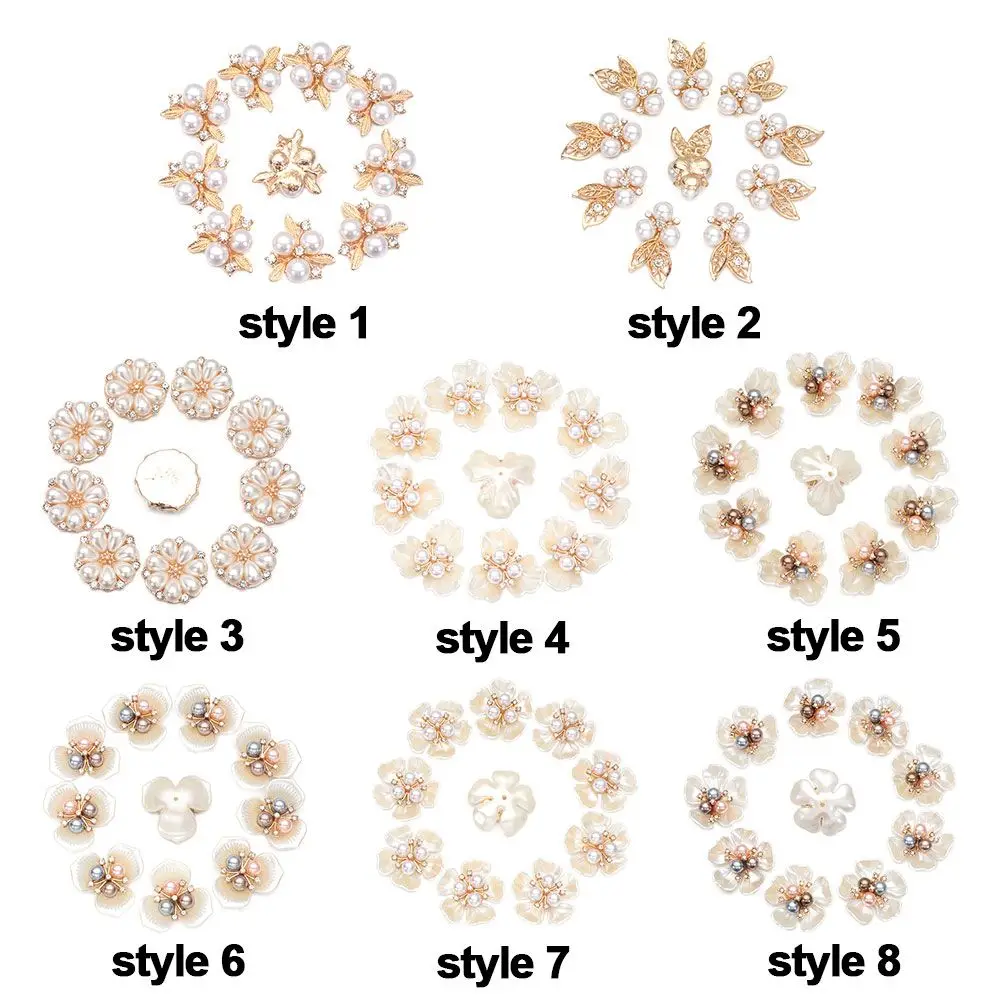 10Pcs Flower Shaped Pearl Rhinestone Buttons DIY Craft Pearl Hairpins Crystal Headwear Clip Apparel Sewing Hat Accessories