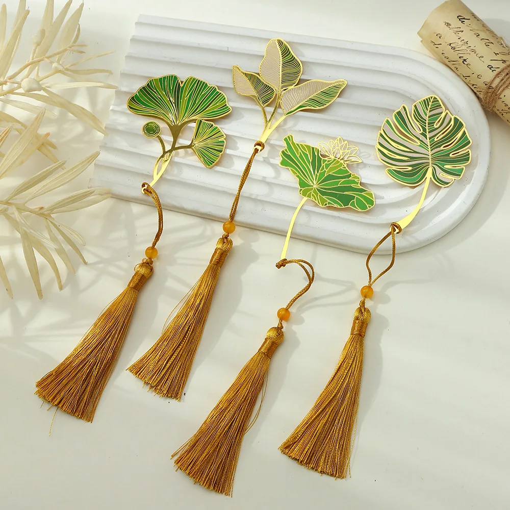 1PC Lotus Leaf Vein Metal Bookmark Chinese Style Creative Bookmarks Tassel Pendant Student Gift Brass Tassel School Stationery metal bookmark bookmarks stationery supplies