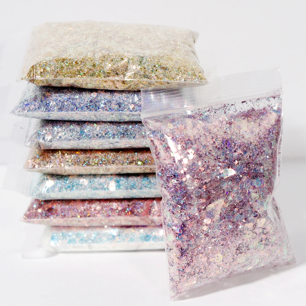 1Bag 50g 홀로그램 레이저 Chunky 반짝이 네일 장식 조각 DIY 혼합 크기 고블린의 눈 시리즈 반짝이 가루 얼굴/바디 장식 조각