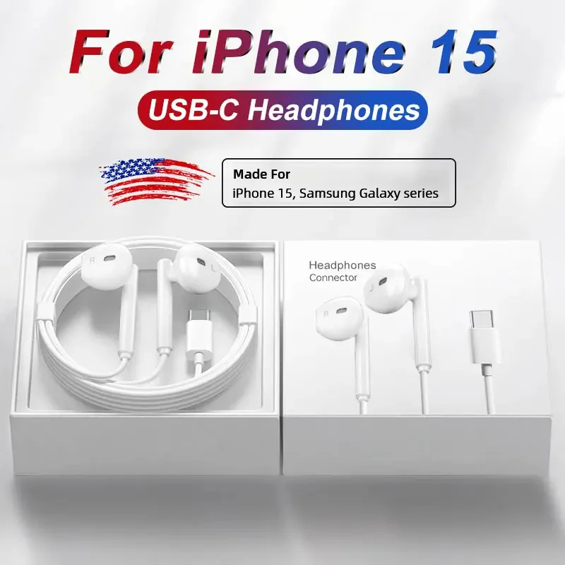 USB-C Headphones For Apple iPhone 15 Pro Max 14 13 12 11 Wired Earphones X XS XR Lightning Bluetooth Earbud Phone Accessories