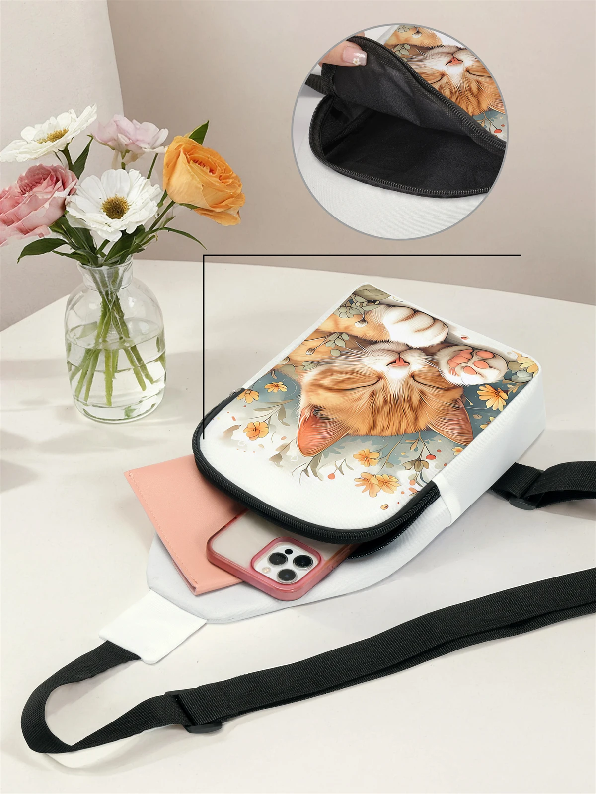 Cat pattern chest bag, multifunctional, lightweight, simple chest bag, suitable for travel and school
